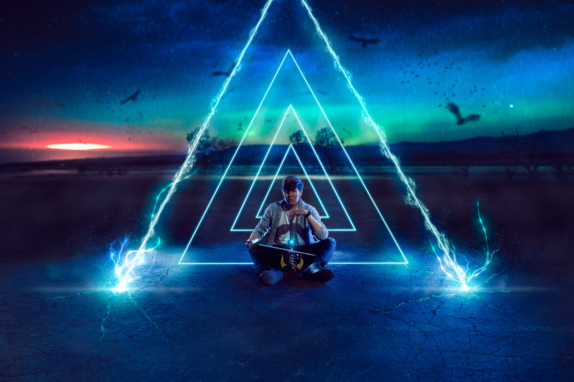 Alex Ahn playing electric violin amid neon triangles and aurora lights