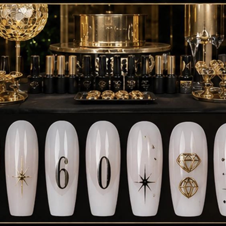 Natural Nail Theory&rsquo;s black-and-gold nail bar setup with champagne, polish bottles and a display of A60 nail designs
